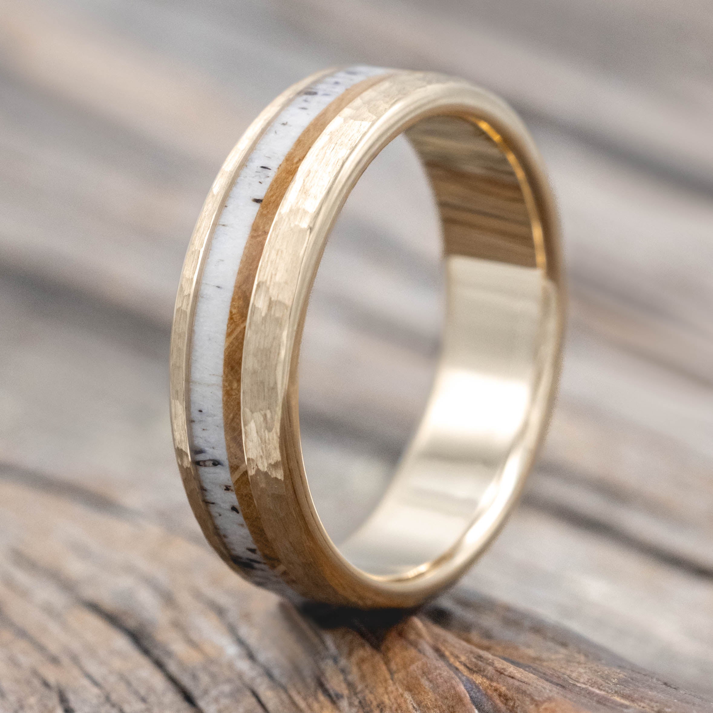 "TANNER" - WHISKEY BARREL OAK & ANTLER WEDDING BAND WITH A HAMMERED FINISH-Staghead Designs