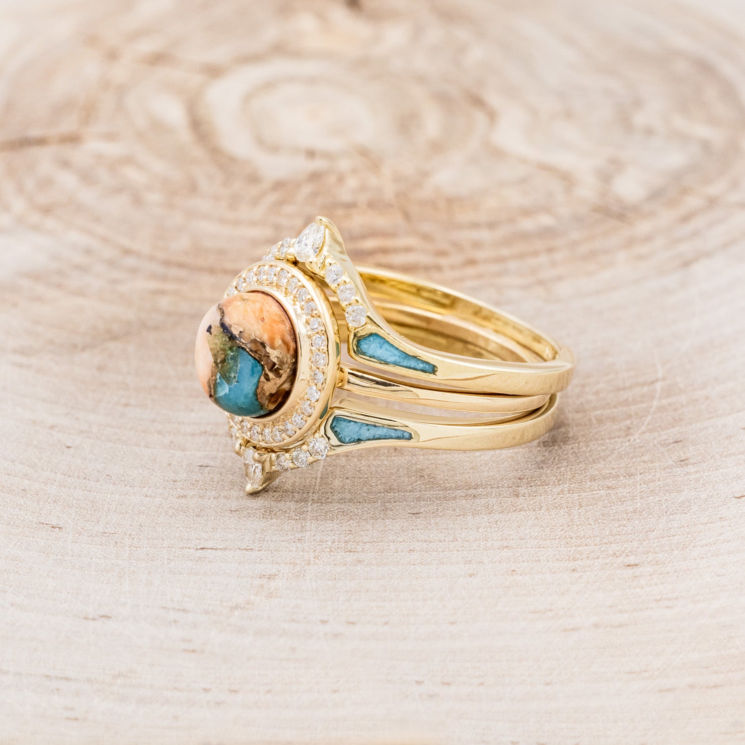 "TERRA" - BRIDAL SUITE - ROUND CUT SPINY OYSTER TURQUOISE ENGAGEMENT RING WITH DIAMOND HALO & TRACER-3
