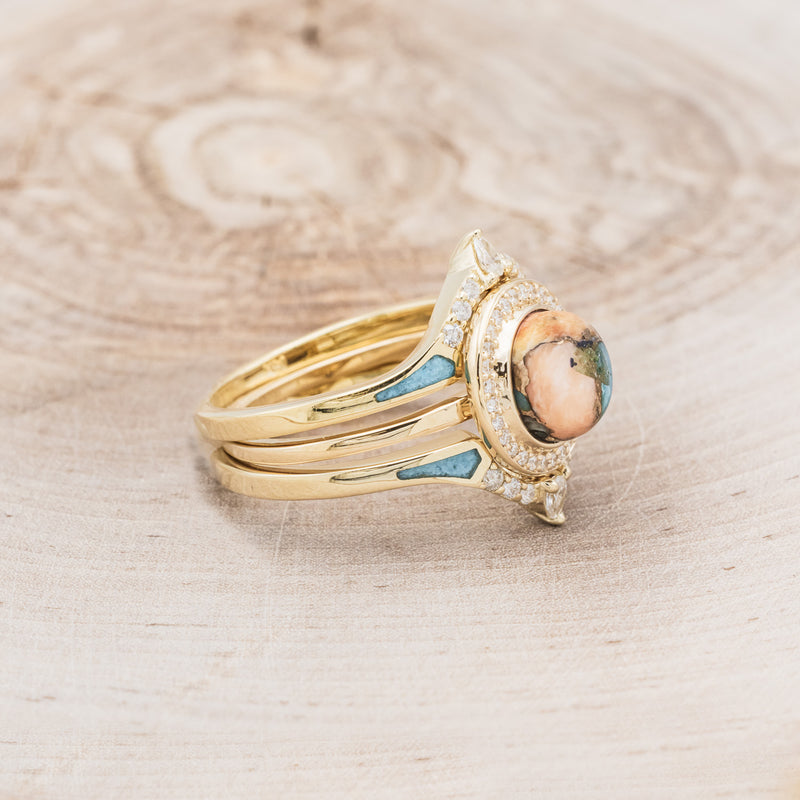 "TERRA" - BRIDAL SUITE - ROUND CUT SPINY OYSTER TURQUOISE ENGAGEMENT RING WITH DIAMOND HALO & TRACER