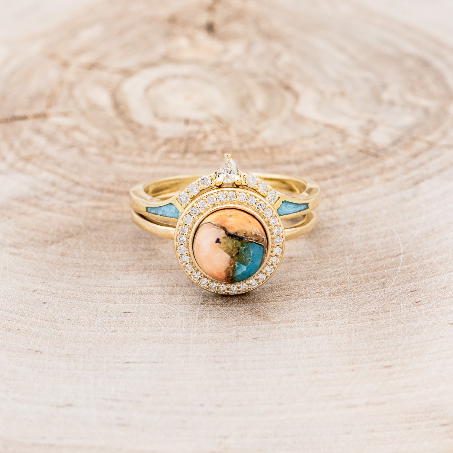 "TERRA" - BRIDAL SUITE - ROUND CUT SPINY OYSTER TURQUOISE ENGAGEMENT RING WITH DIAMOND HALO & TRACER-8