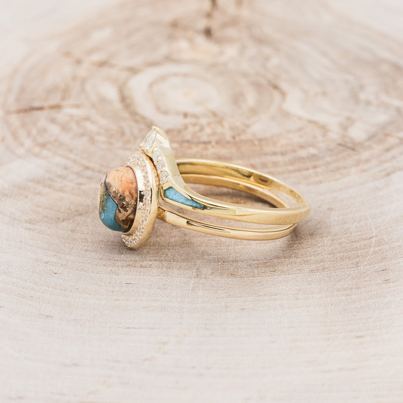 "TERRA" - BRIDAL SUITE - ROUND CUT SPINY OYSTER TURQUOISE ENGAGEMENT RING WITH DIAMOND HALO & TRACER