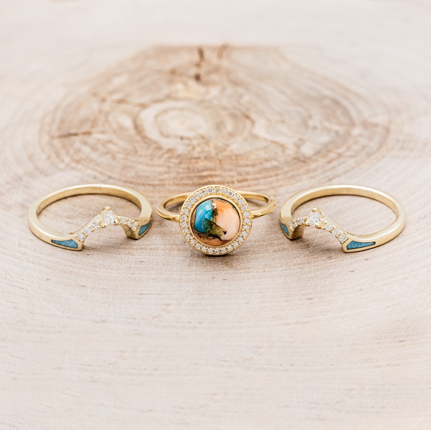 "TERRA" - BRIDAL SUITE - ROUND CUT SPINY OYSTER TURQUOISE ENGAGEMENT RING WITH DIAMOND HALO & TRACER-6