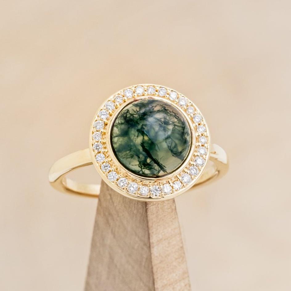 "TERRA" - ROUND CUT MOSS AGATE ENGAGEMENT RING WITH DIAMOND HALO-13