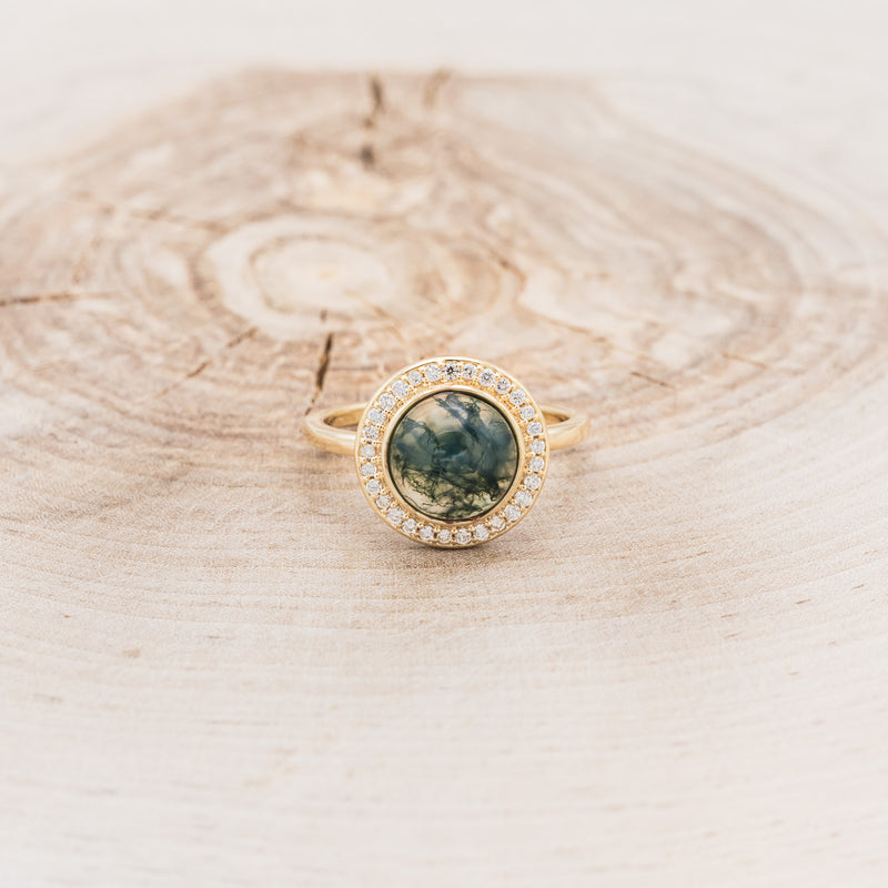 "TERRA" - ROUND CUT MOSS AGATE ENGAGEMENT RING WITH DIAMOND HALO