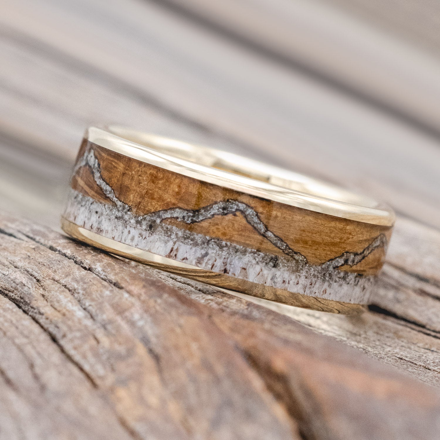 "THE EXPEDITION" - MOUNTAIN ENGRAVED WEDDING RING WITH WHISKEY BARREL OAK, MOONSTONE & ANTLER-Staghead Designs