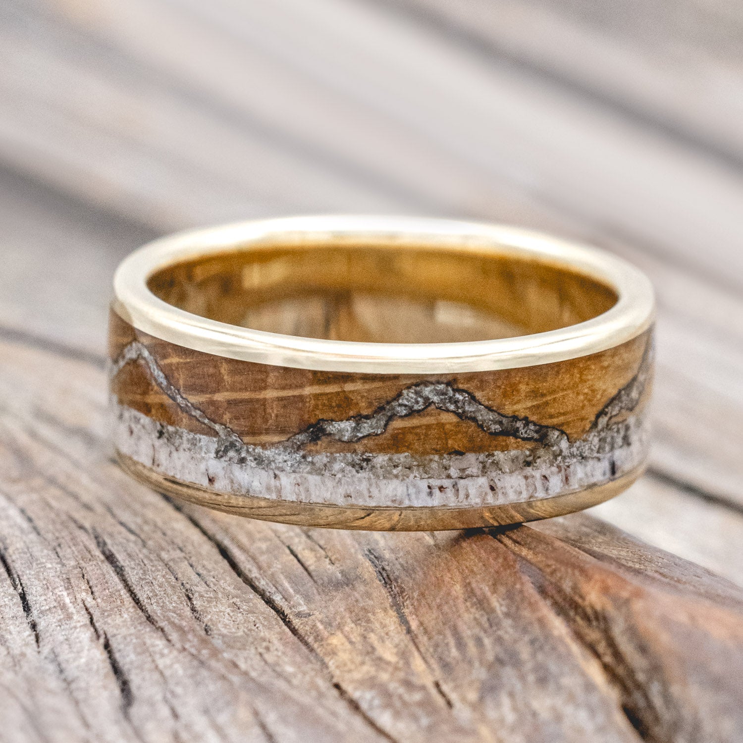 "THE EXPEDITION" - MOUNTAIN ENGRAVED WEDDING RING WITH WHISKEY BARREL OAK, MOONSTONE & ANTLER-Staghead Designs