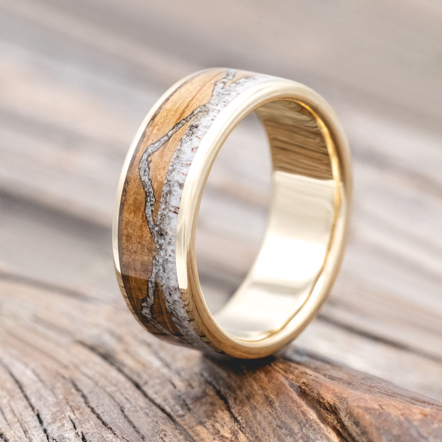 "THE EXPEDITION" - MOUNTAIN ENGRAVED WEDDING RING WITH WHISKEY BARREL OAK, MOONSTONE & ANTLER-Staghead Designs