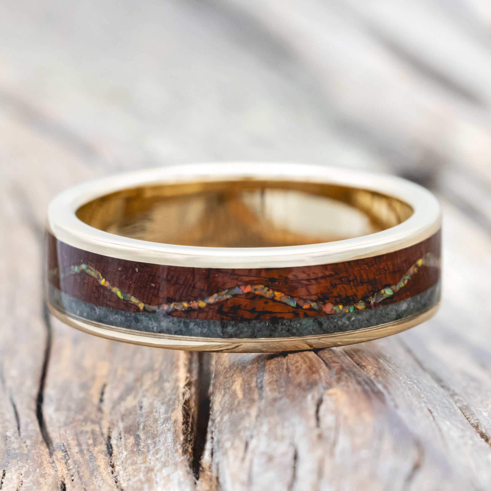 "The Expedition" - Mountain Engraved Wedding Ring With Fire & Ice Opal, Rosewood & Moss Agate