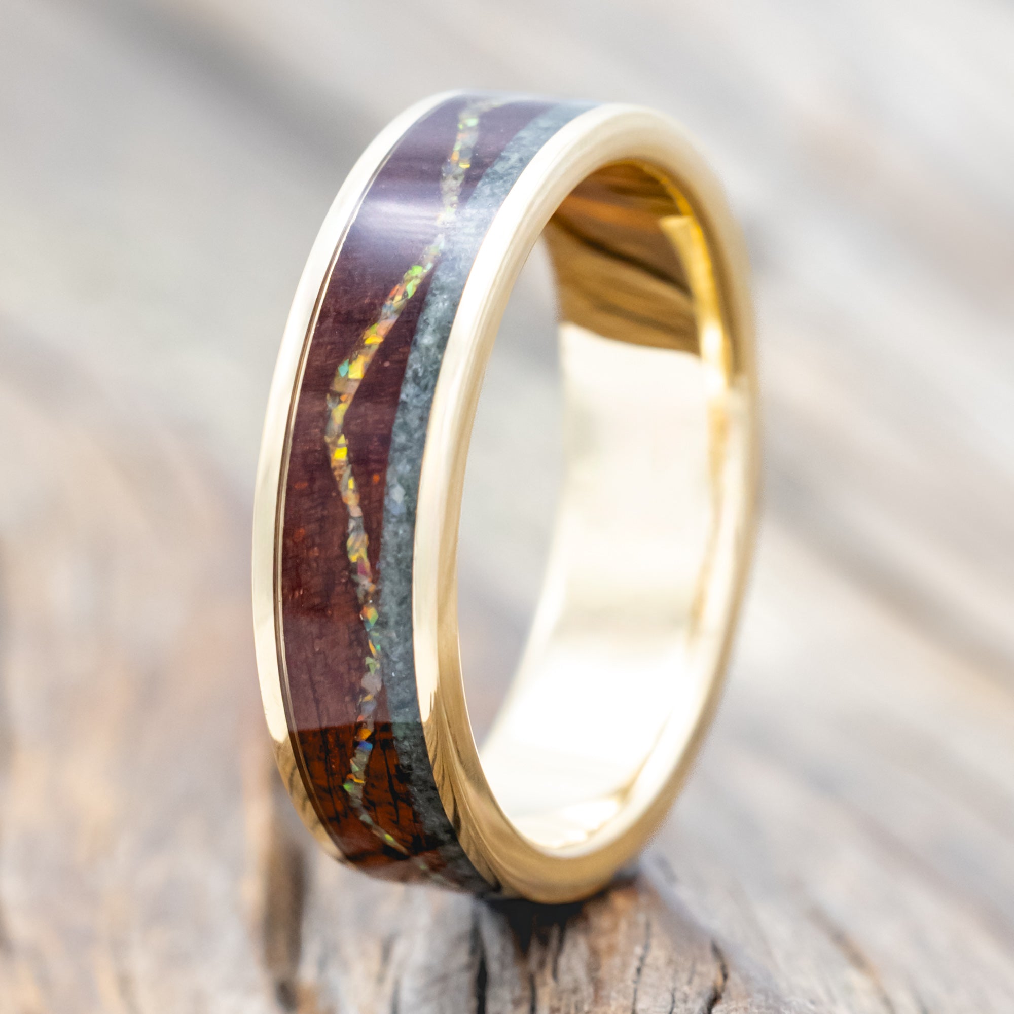 "The Expedition" - Mountain Engraved Wedding Ring With Fire & Ice Opal, Rosewood & Moss Agate