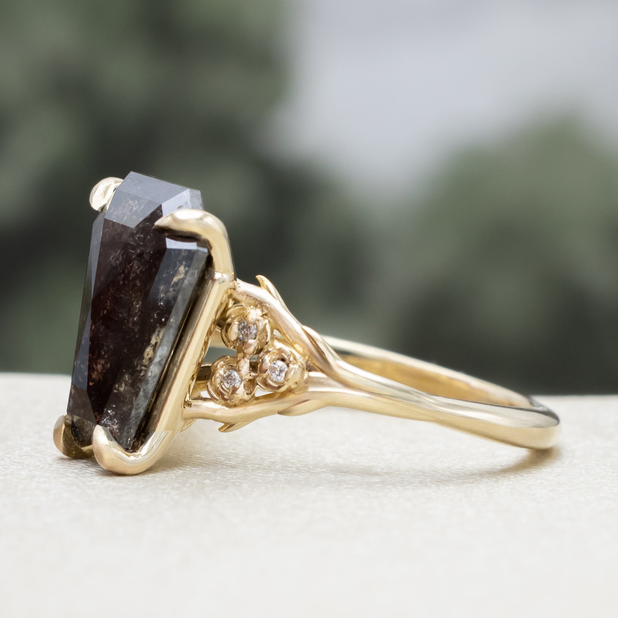 Gold ring with a salt & pepper diamond and diamond accents on a blurred background