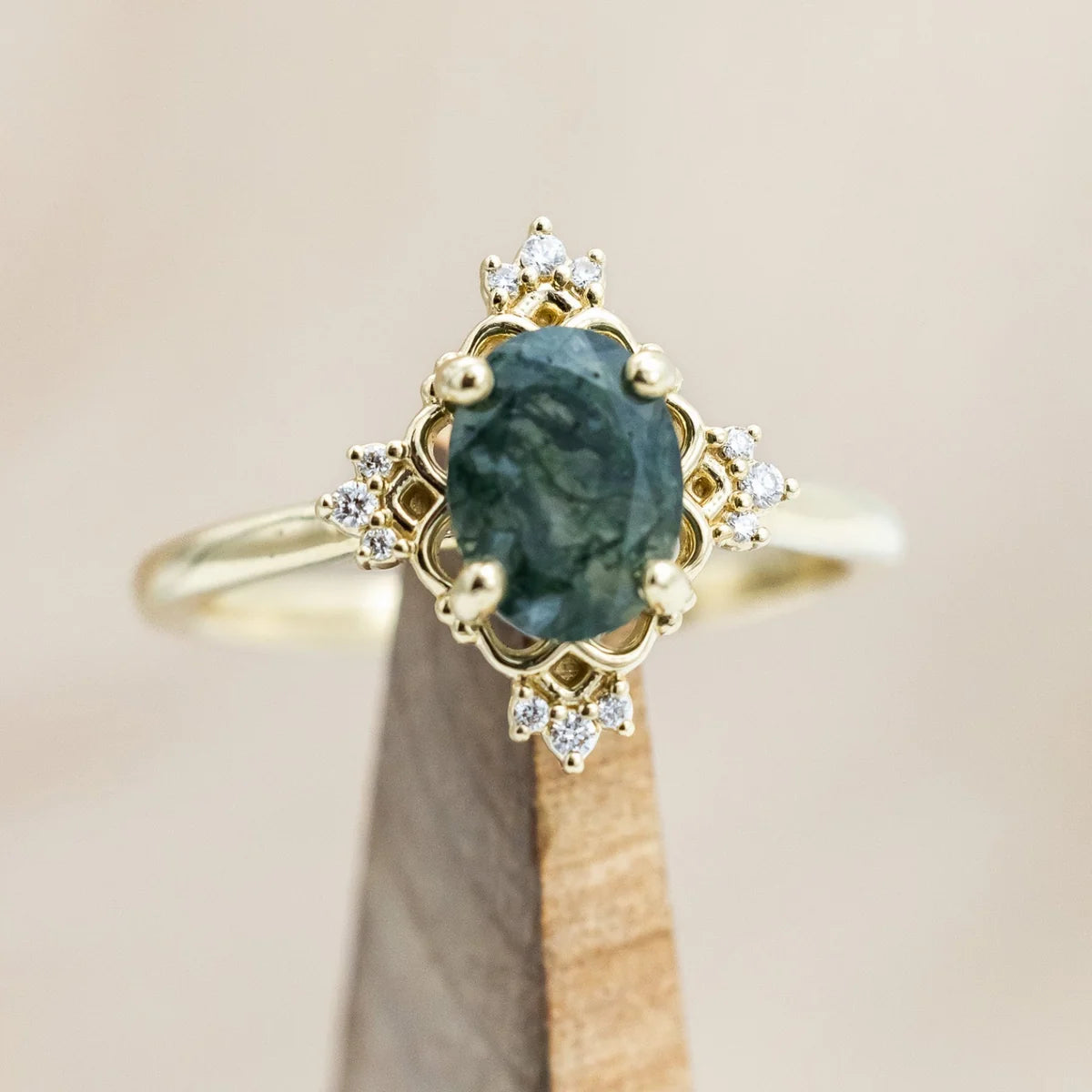 "Treva" - Oval Cut Moss Agate Engagement Ring With Diamond Accents - 14K Yellow Gold - Size 5