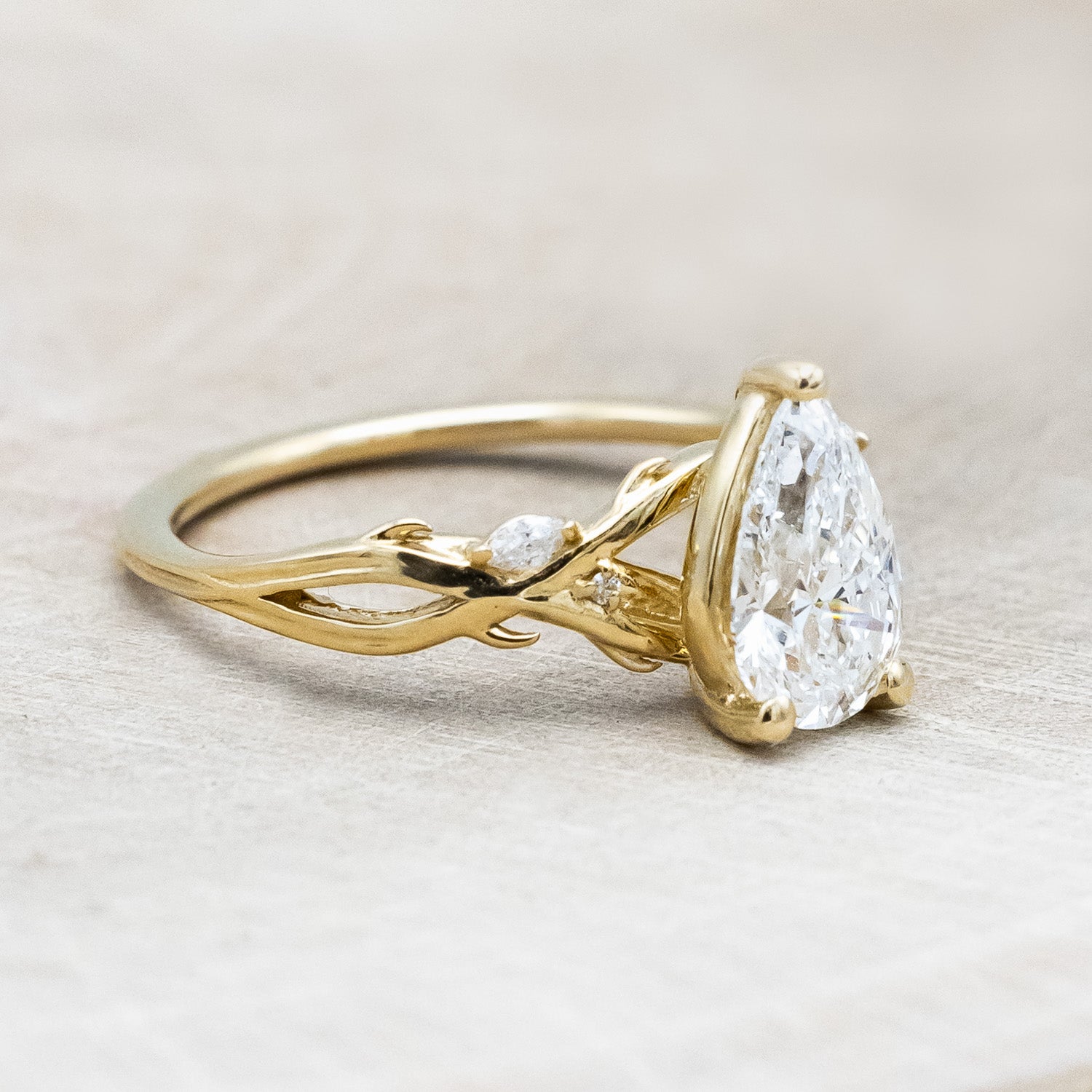 "TRISTAN" - PEAR CUT LAB-GROWN DIAMOND ENGAGEMENT RING WITH DIAMOND ACCENTS & BRANCH-STYLE BAND-Staghead Designs