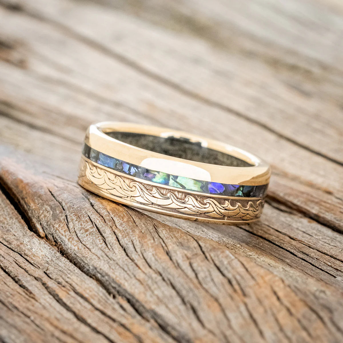 "TRITON" - WAVE ENGRAVED WEDDING BAND WITH PAUA SHELL & SAND LINING - 14K YELLOW GOLD - SIZE 11-Staghead Designs