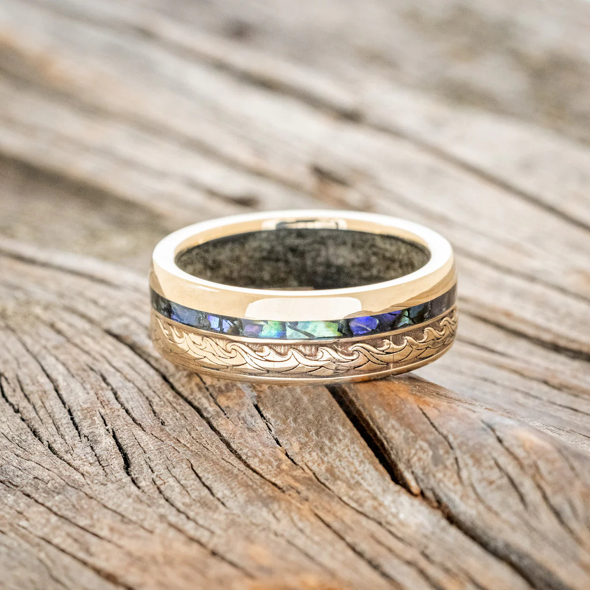 "TRITON" - WAVE ENGRAVED WEDDING BAND WITH PAUA SHELL & SAND LINING - 14K YELLOW GOLD - SIZE 11-Staghead Designs