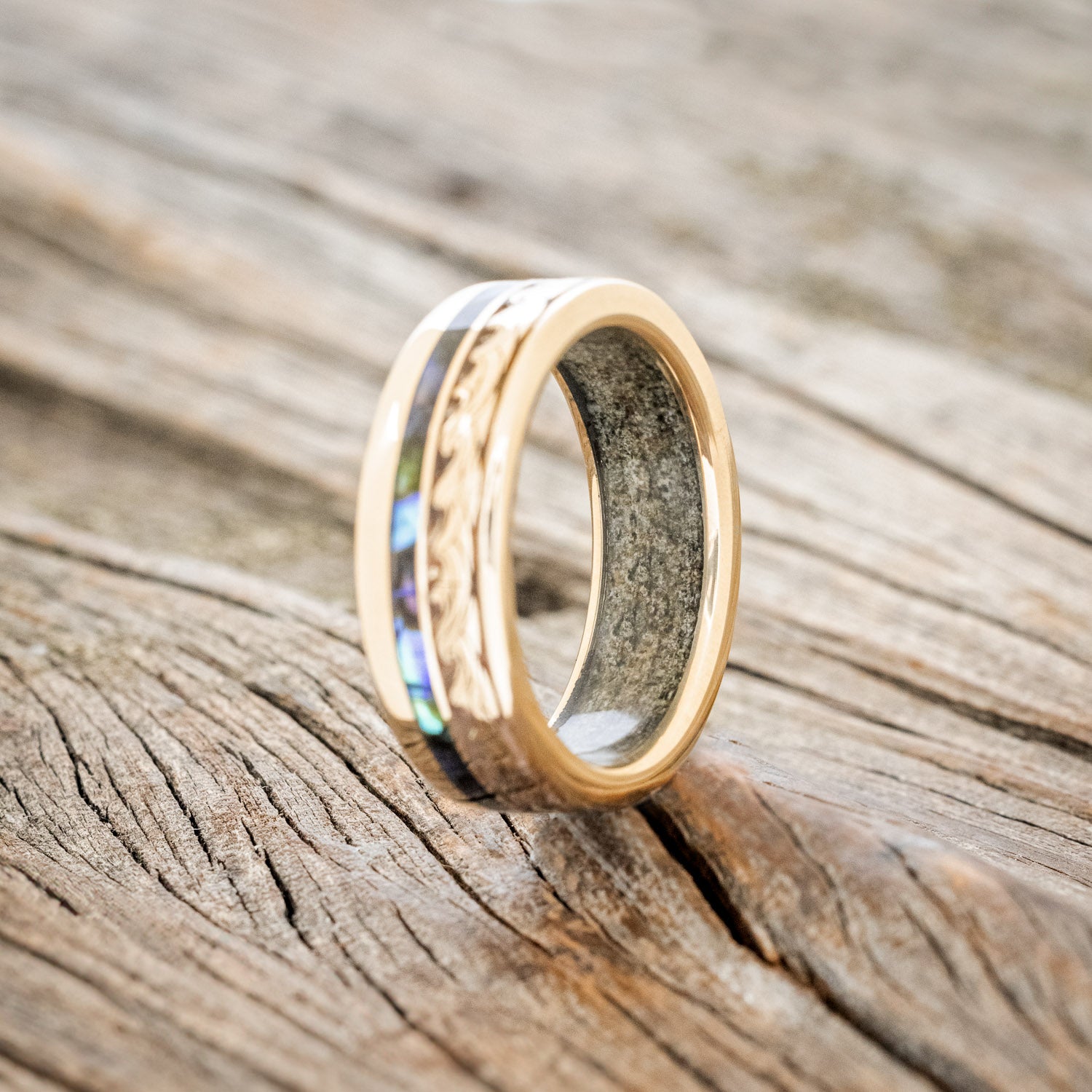 "TRITON" - WAVE ENGRAVED WEDDING BAND WITH PAUA SHELL & SAND LINING-11