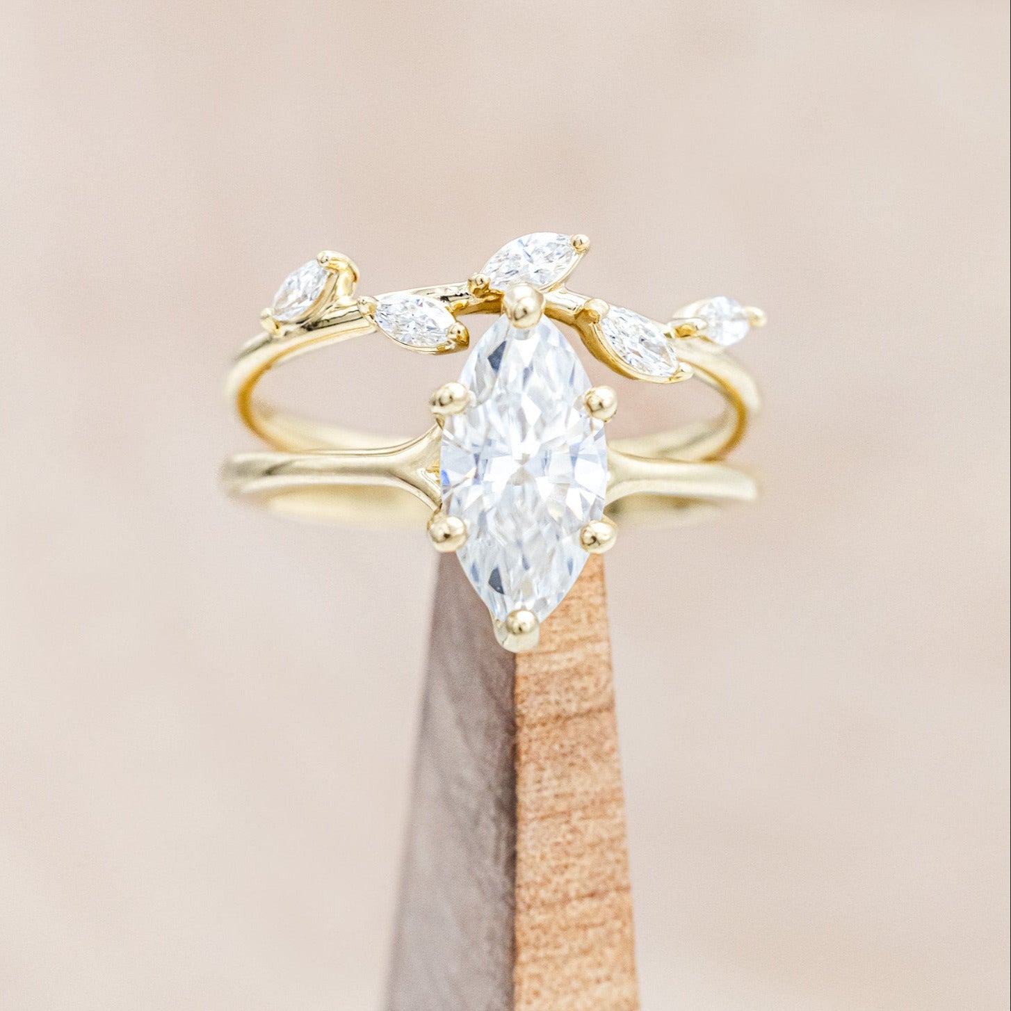 "TULIP" - MARQUISE MOISSANITE ENGAGEMENT RING WITH "IDHAL" DIAMOND STACKING BAND-Staghead Designs
