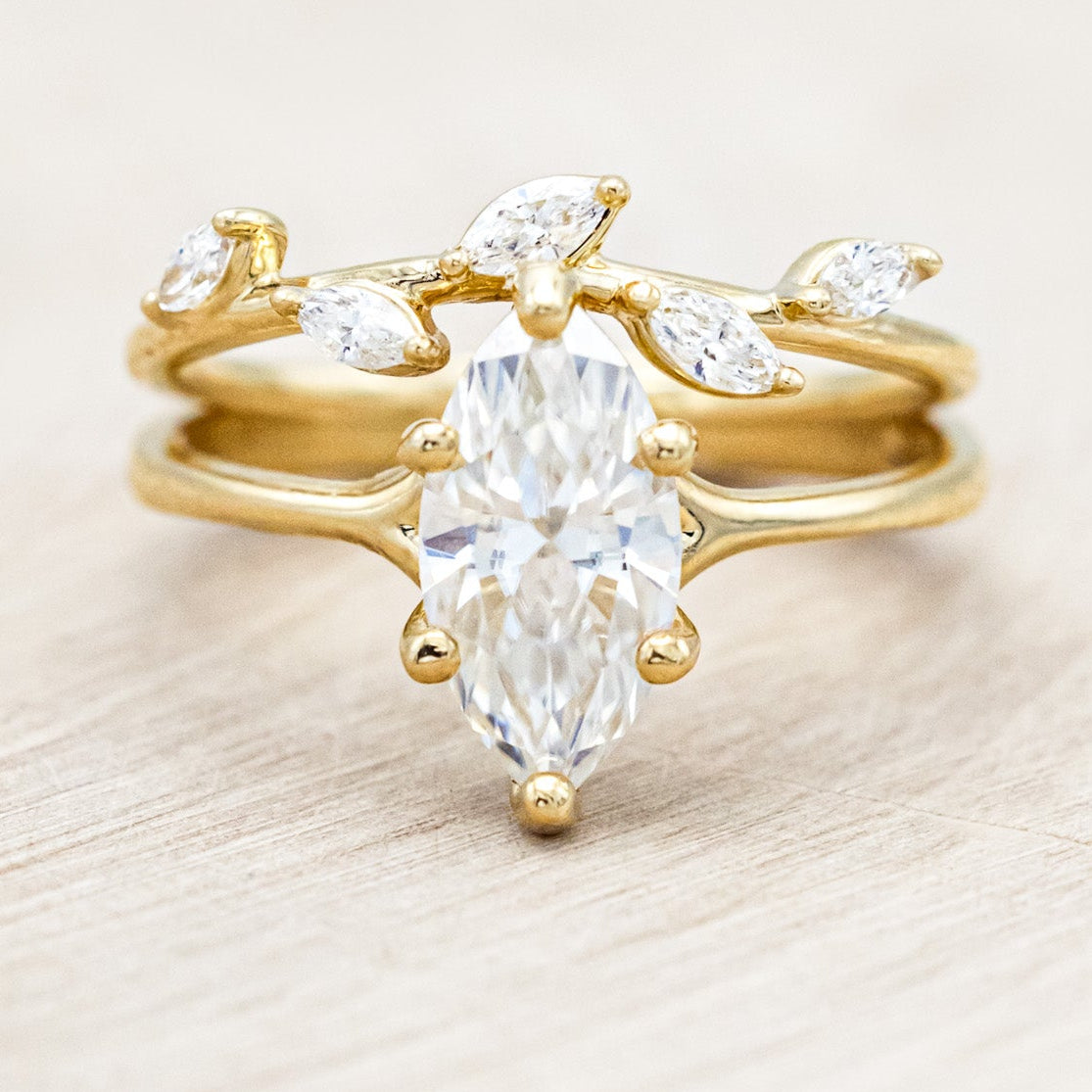"TULIP" - MARQUISE MOISSANITE ENGAGEMENT RING WITH "IDHAL" DIAMOND STACKING BAND-Staghead Designs