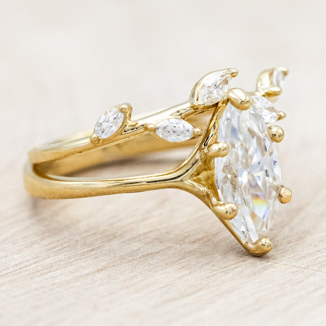 "TULIP" - MARQUISE MOISSANITE ENGAGEMENT RING WITH "IDHAL" DIAMOND STACKING BAND-Staghead Designs