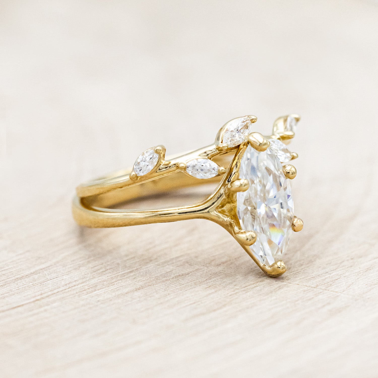 "TULIP" - MARQUISE MOISSANITE ENGAGEMENT RING WITH "IDHAL" DIAMOND STACKING BAND-Staghead Designs