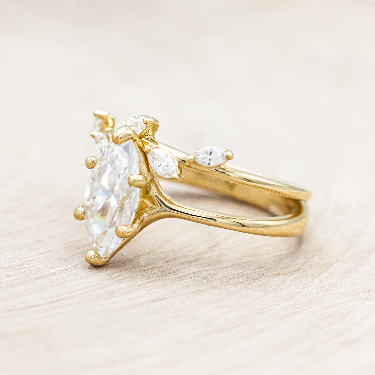 "TULIP" - MARQUISE MOISSANITE ENGAGEMENT RING WITH "IDHAL" DIAMOND STACKING BAND-Staghead Designs