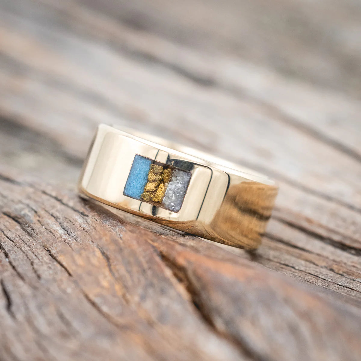 Turquoise, Gold Nuggets & Diamond Dust Wedding Band - 14K Yellow Gold (6mm) - Size 10 1/2-Staghead Designs