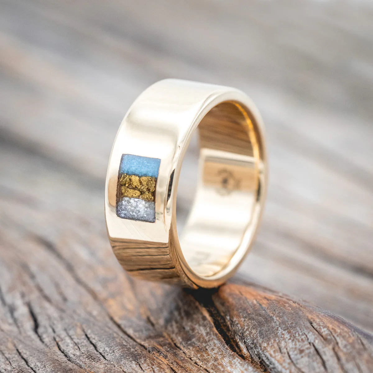 Turquoise, Gold Nuggets & Diamond Dust Wedding Band - 14K Yellow Gold (6mm) - Size 10 1/2-Staghead Designs