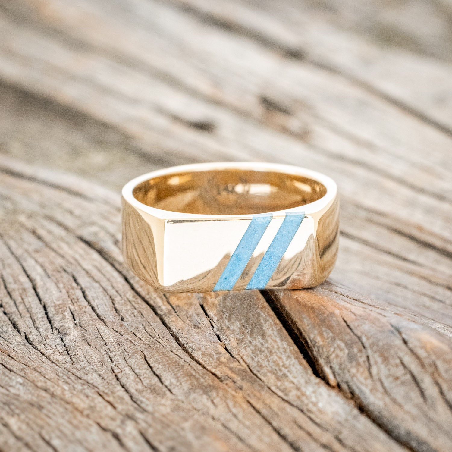 "TWAIN" - FLAT TOP WEDDING RING FEATURING DIAGONAL TURQUOISE INLAYS-11