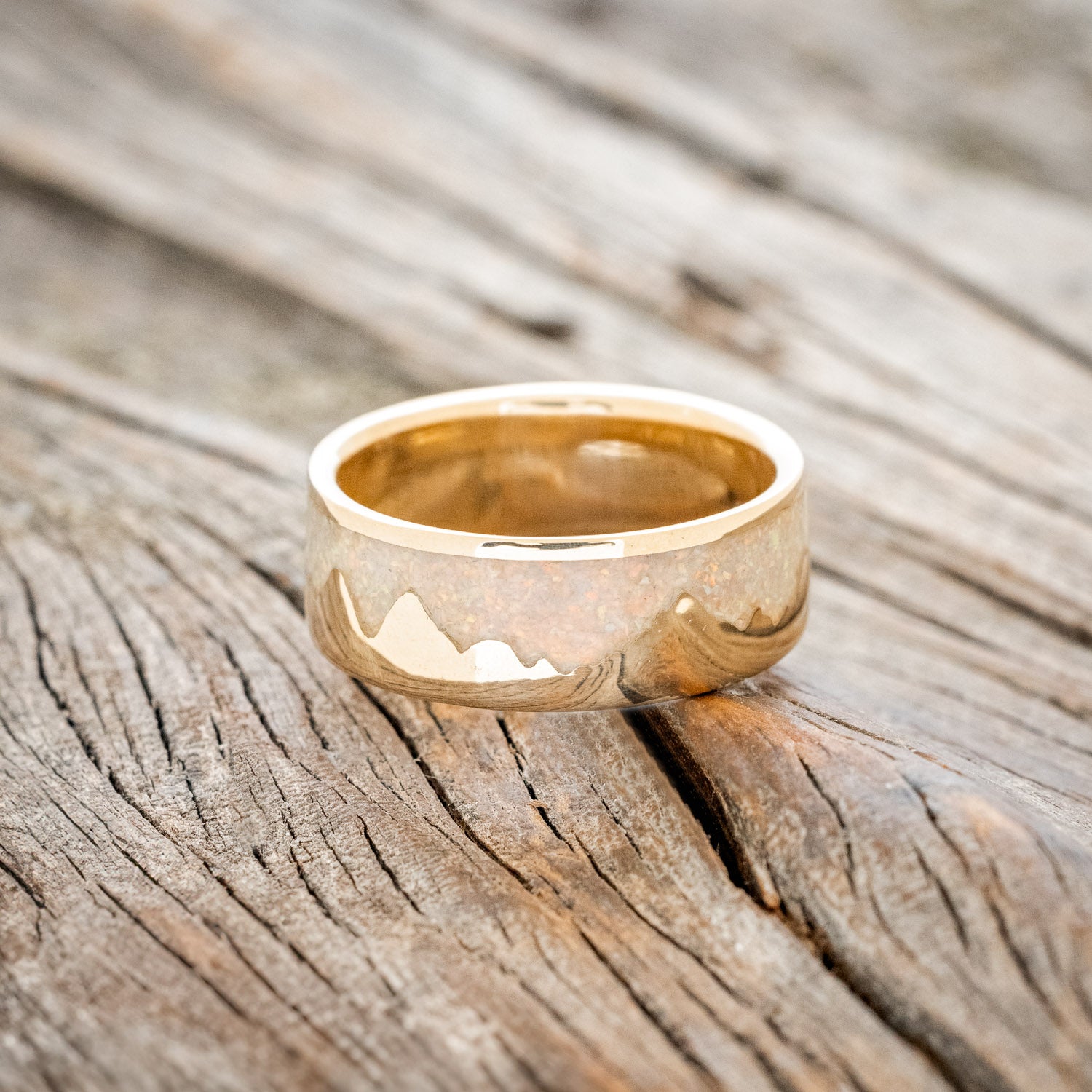 "HELIOS" - MATCHING SET OF FIRE & ICE OPAL INLAY MOUNTAIN RANGE WEDDING BANDS-Staghead Designs