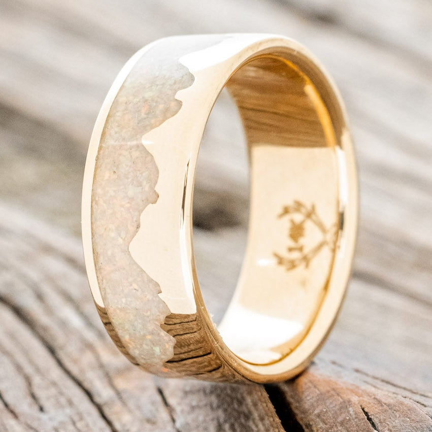 "Helios" - Fire And Ice Opal & 14K Gold Mountain Range Wedding Ring-Staghead Designs