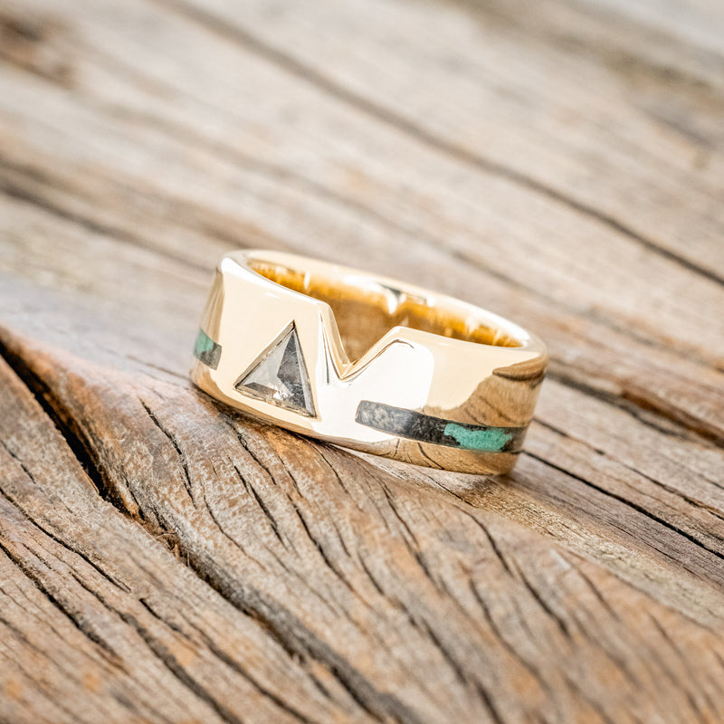 "VALENTINO" - CUSTOM TRIANGLE SALT & PEPPER DIAMOND, BUCKEYE BURL & MALACHITE INLAY WEDDING BAND