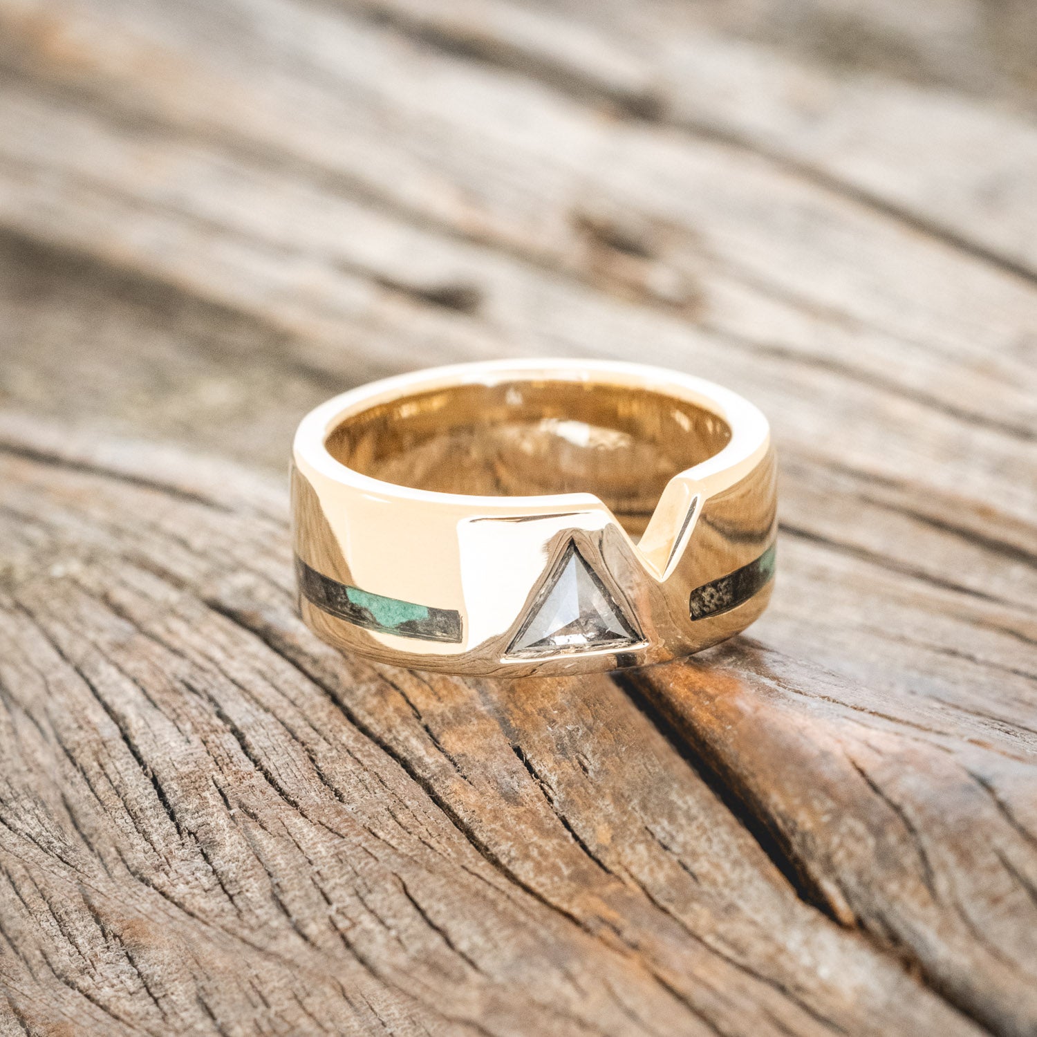 "VALENTINO" - CUSTOM TRIANGLE SALT & PEPPER DIAMOND, BUCKEYE BURL & MALACHITE INLAY WEDDING BAND-3