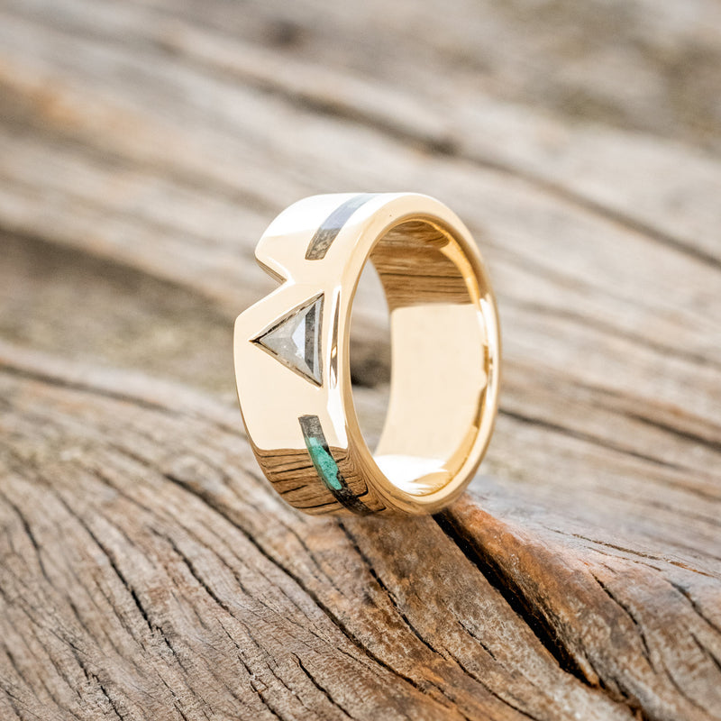 "VALENTINO" - CUSTOM TRIANGLE SALT & PEPPER DIAMOND, BUCKEYE BURL & MALACHITE INLAY WEDDING BAND