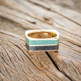 "VEGA" - FLAT TOP BLACK ONYX & MALACHITE WEDDING BAND WITH SIDE SET EMERALD-7