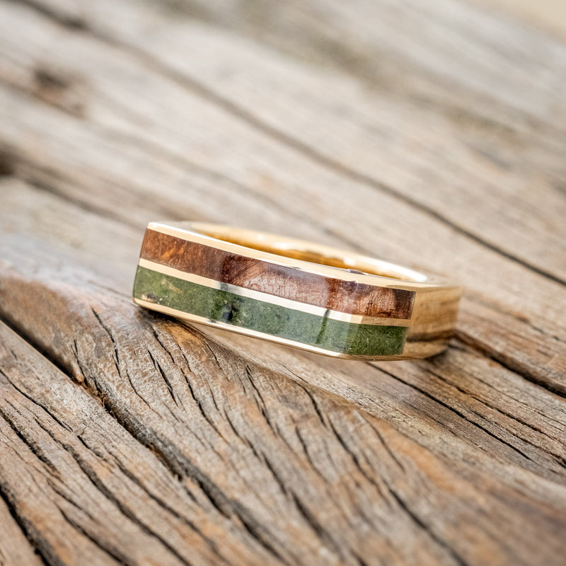 "VEGA" - FLAT TOP MOSS & REDWOOD WEDDING BAND WITH SIDE SET AMETHYST-2