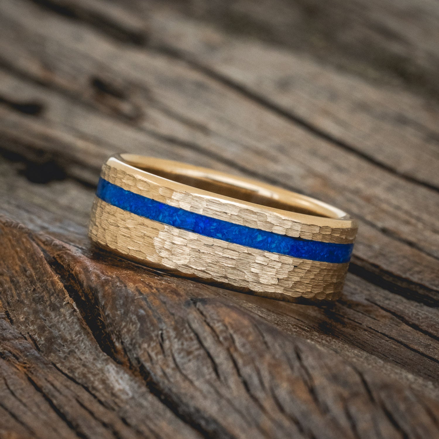 "VERTIGO" - BLUE OPAL WEDDING BAND WITH A HAMMERED FINISH-11