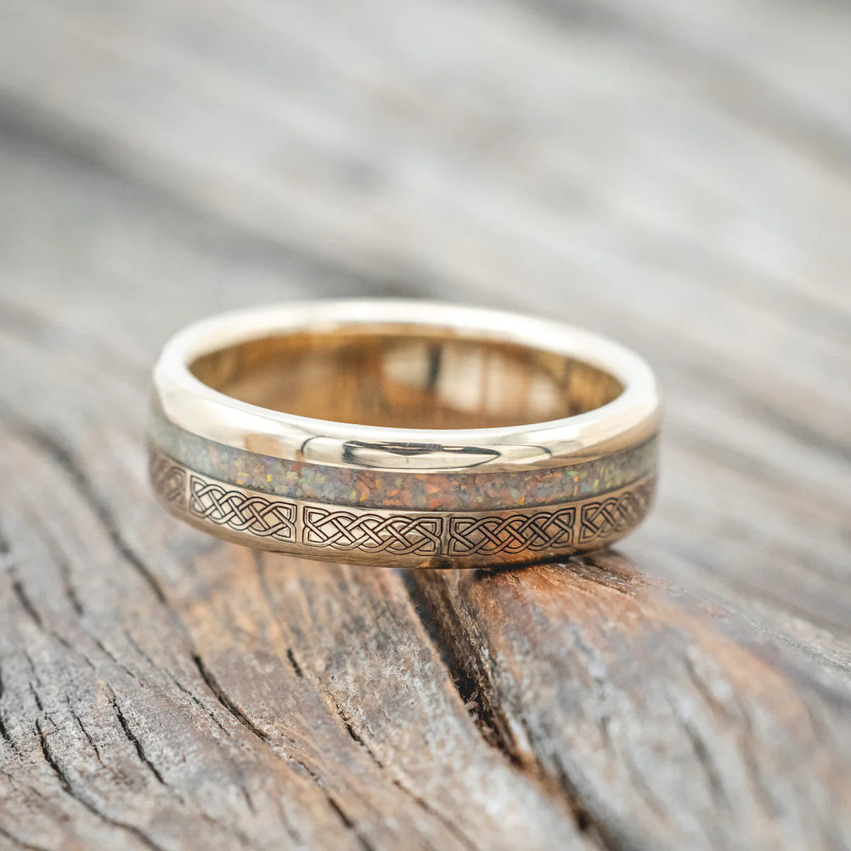 "VERTIGO" - CELTIC SAILOR'S KNOT ENGRAVED WITH FIRE & ICE OPAL WEDDING RING - 14K YELLOW GOLD (6MM)- SIZE 8 1/2-Staghead Designs