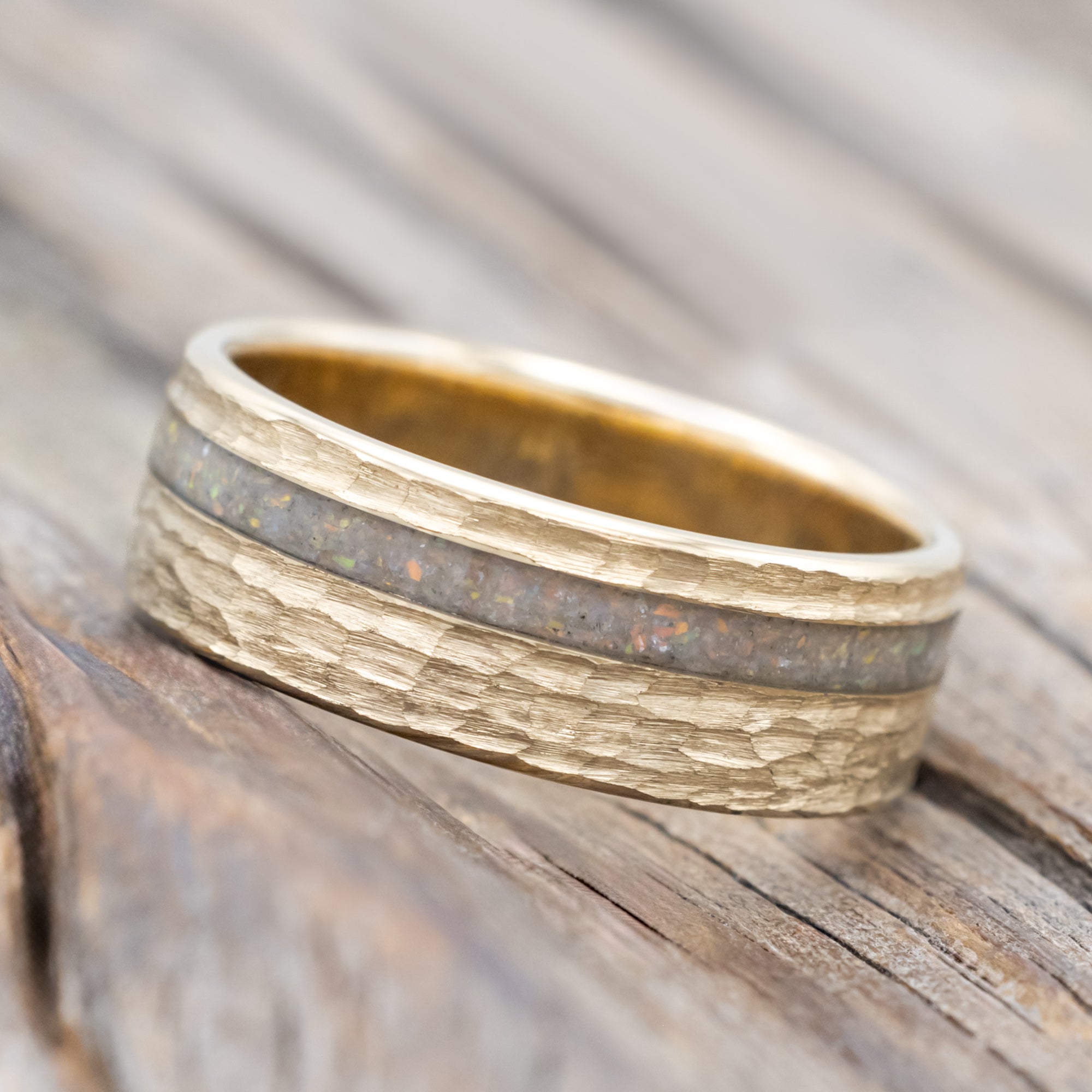 "VERTIGO" - OPAL WEDDING RING FEATURING A HAMMERED 14K GOLD BAND-Staghead Designs