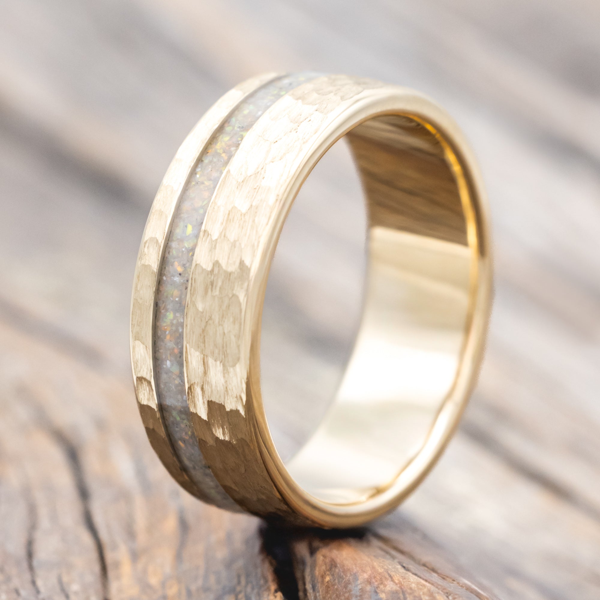 "VERTIGO" - OPAL WEDDING RING FEATURING A HAMMERED 14K GOLD BAND-Staghead Designs