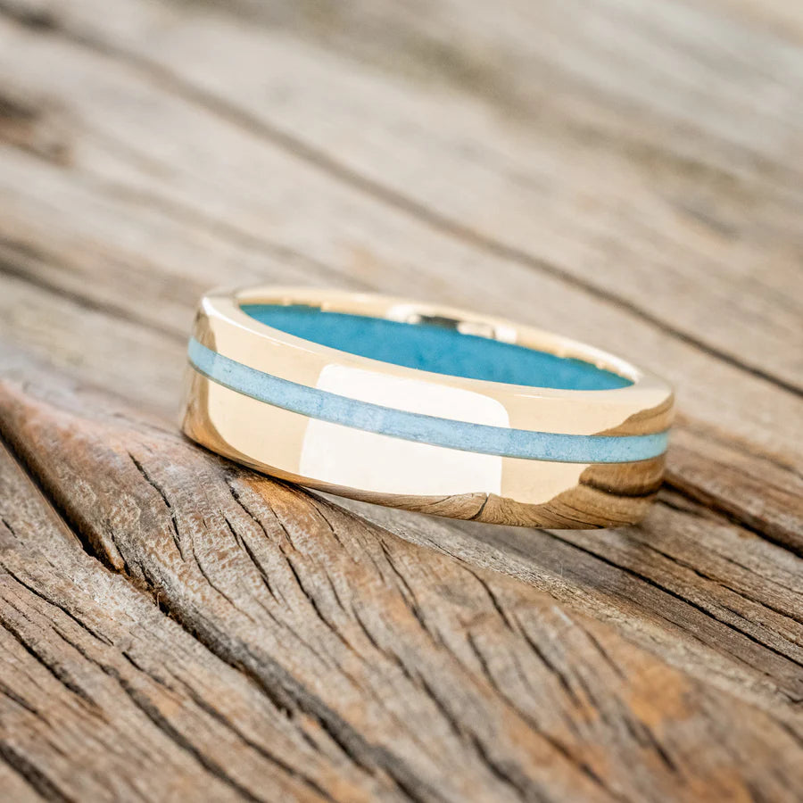 "VERTIGO" - TURQUOISE LINED & INLAID WEDDING RING - 14K YELLOW GOLD (6MM) - SIZE 10 3/4-Staghead Designs