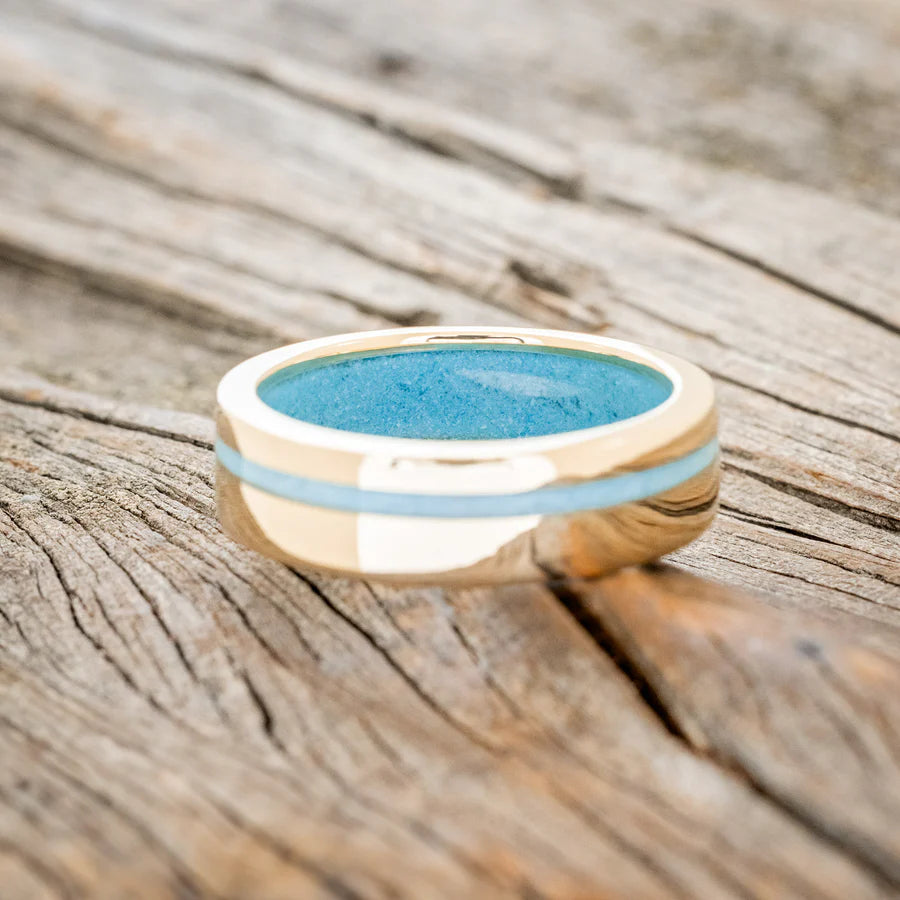 "VERTIGO" - TURQUOISE LINED & INLAID WEDDING RING - 14K YELLOW GOLD (6MM) - SIZE 10 3/4-Staghead Designs