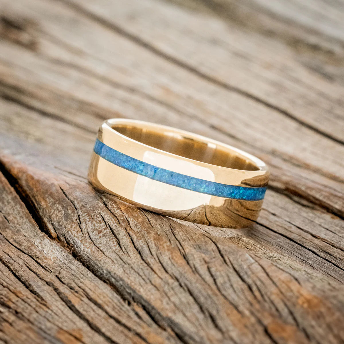 "Vertigo" - Blue Opal Inlay Wedding Ring - 14K Yellow Gold (8mm) - Size 7 1/2