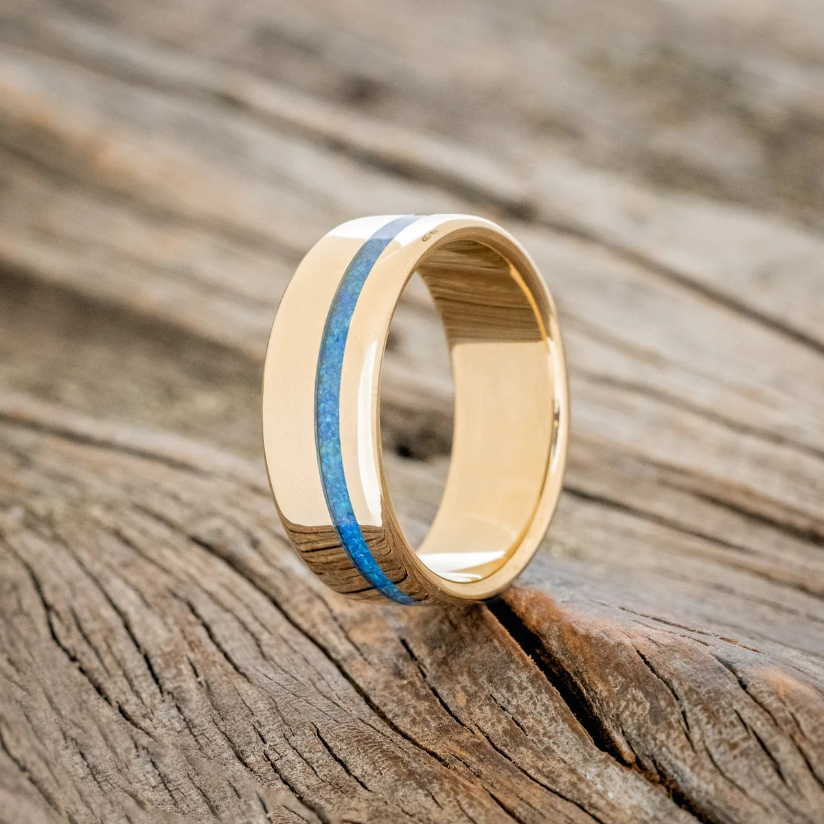 "Vertigo" - Blue Opal Inlay Wedding Ring - 14K Yellow Gold (8mm) - Size 7 1/2