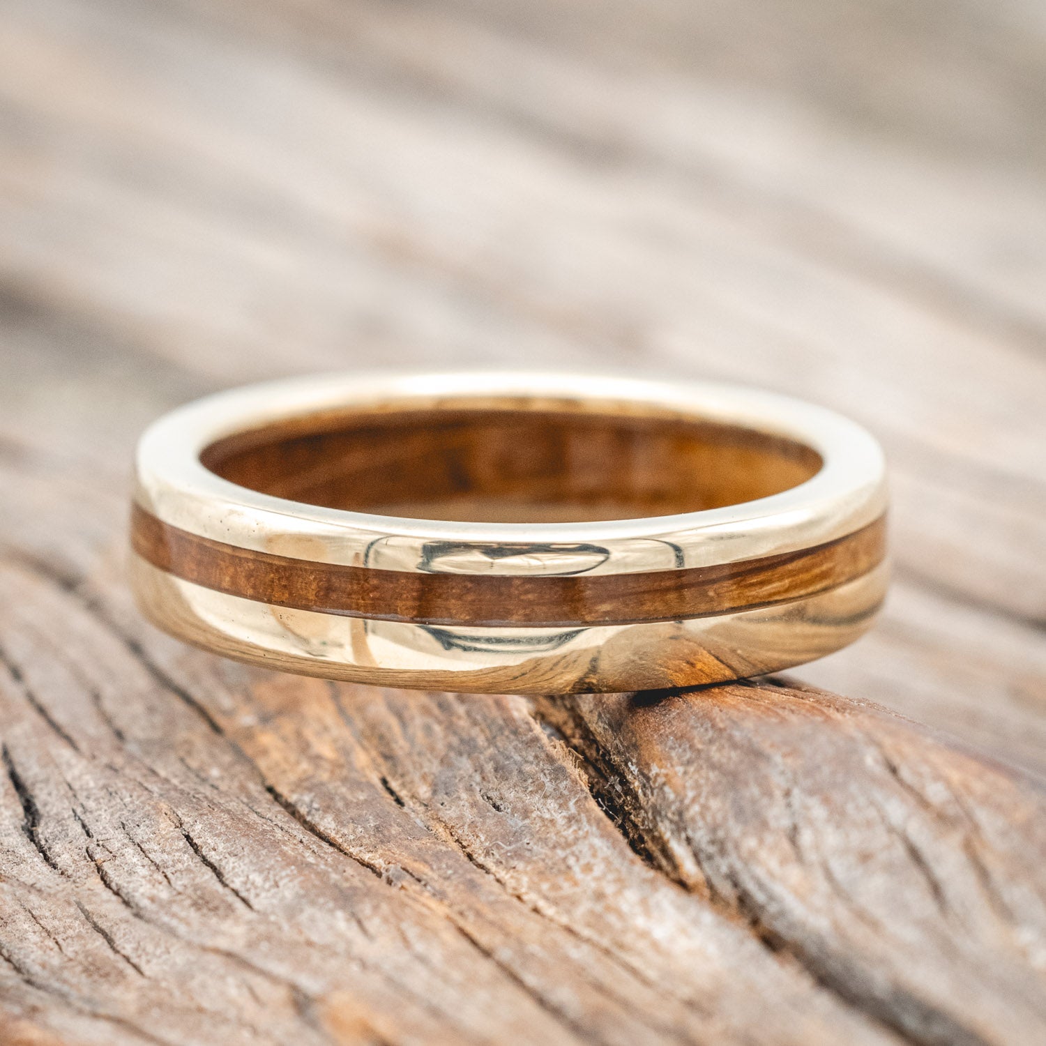 "VERTIGO" - WHISKEY BARREL OAK INLAY & LINING WEDDING RING-Staghead Designs