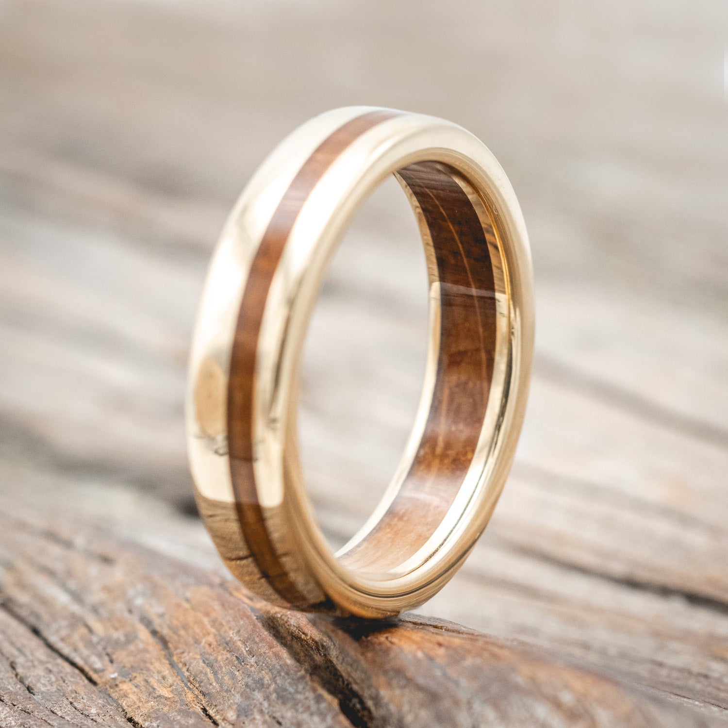 "VERTIGO" - WHISKEY BARREL OAK INLAY & LINING WEDDING RING-Staghead Designs