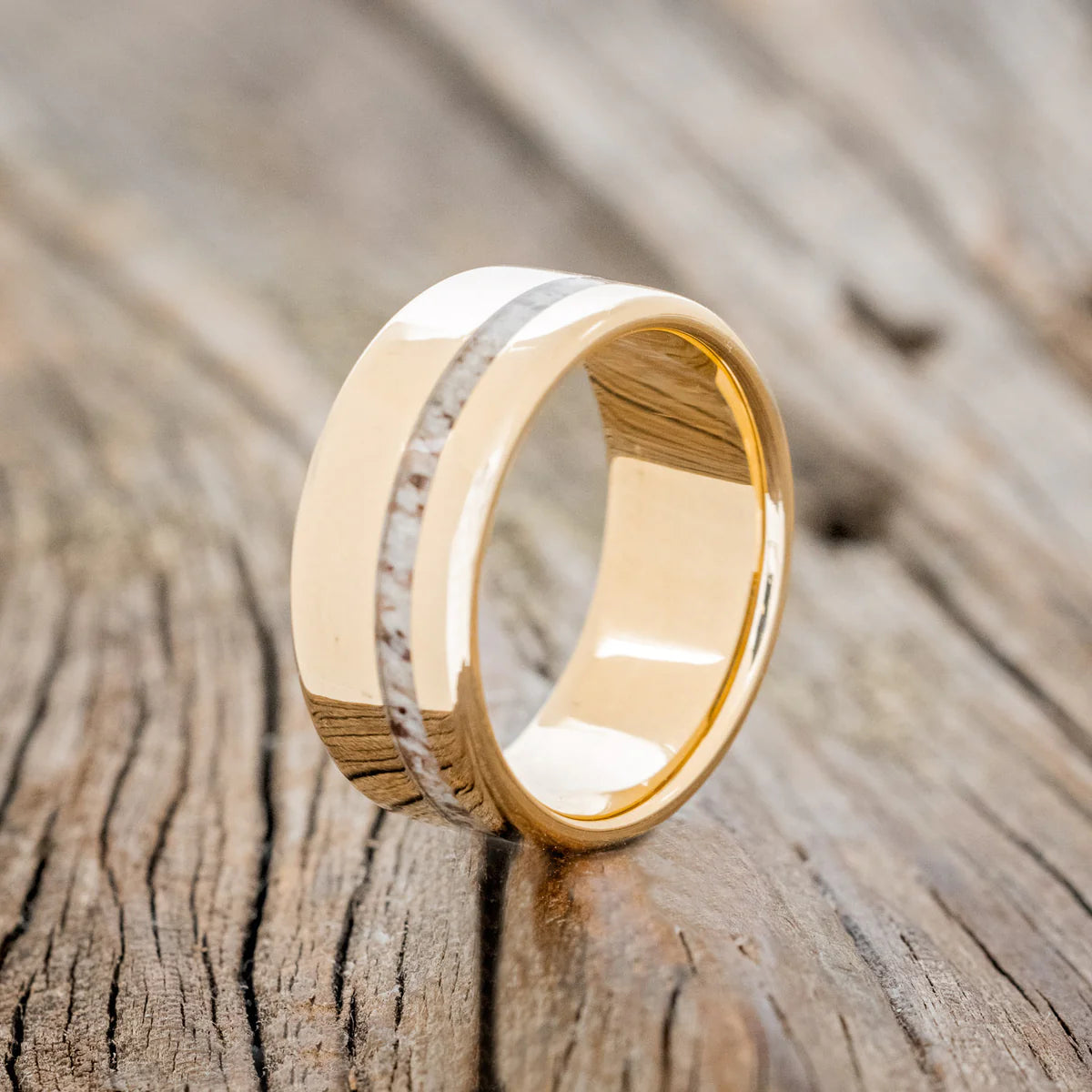 "Vertigo" - Elk Antler Inlay Wedding Ring - 14K Yellow Gold (8mm) - Size 10