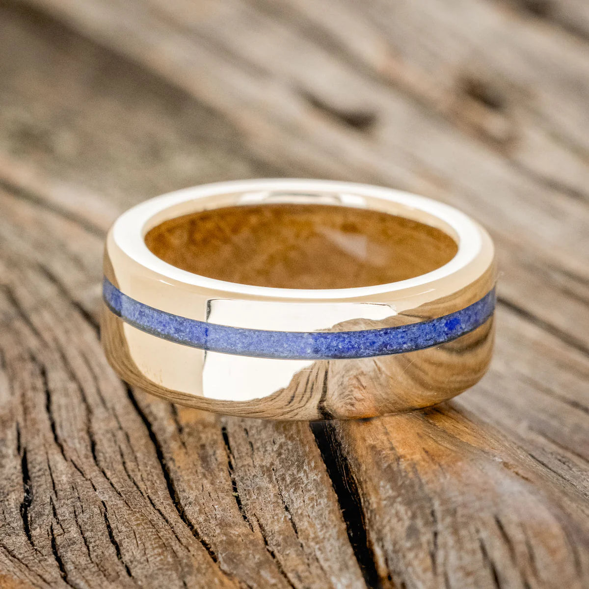 VERTIGO" - LAPIS LAZULI WEDDING RING FEATURING A WHISKEY BARREL LINED BAND - 14K YELLOW GOLD - SIZE 10 1/2-Staghead Designs