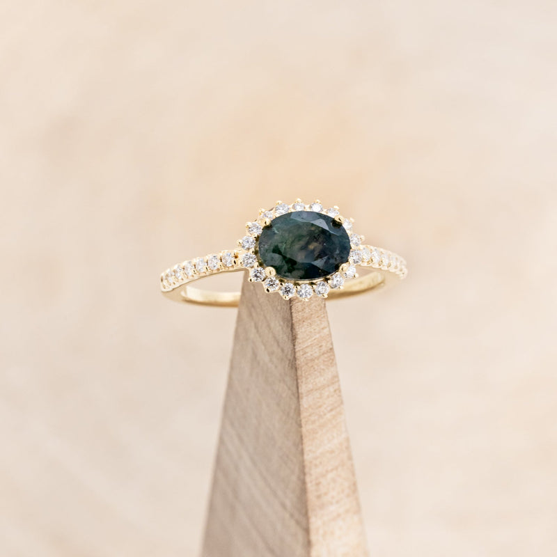 "WHIMSY" - OVAL-SHAPED MOSS AGATE ENGAGEMENT RING WITH DIAMOND ACCENTS & TRACER-22