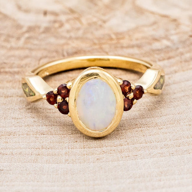 "AGATHA" - BEZEL SET OVAL CABOCHON CUT WHITE OPAL ENGAGEMENT RING WITH GARNET ACCENTS AND FIRE & ICE OPAL INLAYS-Staghead Designs