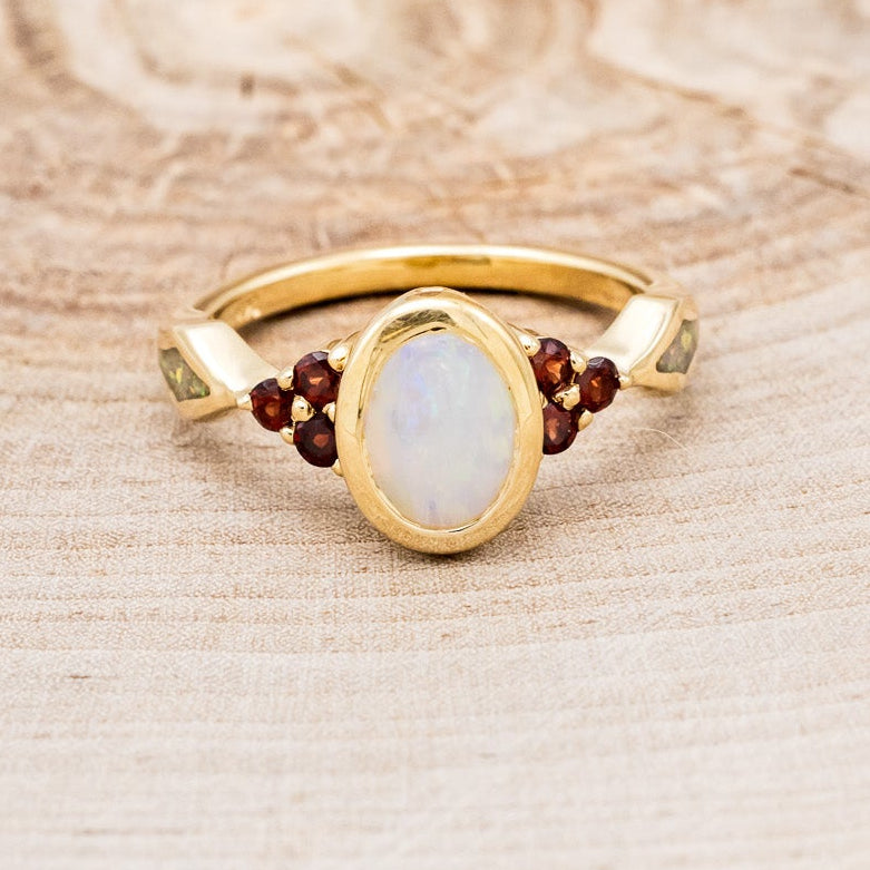 "AGATHA" - BEZEL SET OVAL CABOCHON CUT WHITE OPAL ENGAGEMENT RING WITH GARNET ACCENTS AND FIRE & ICE OPAL INLAYS-Staghead Designs