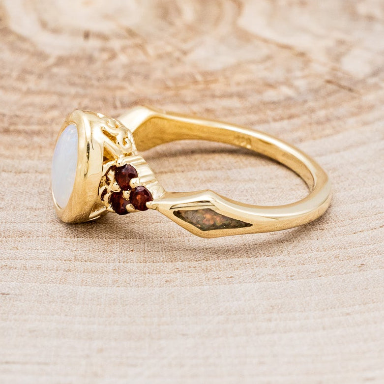 "AGATHA" - BEZEL SET OVAL CABOCHON CUT WHITE OPAL ENGAGEMENT RING WITH GARNET ACCENTS AND FIRE & ICE OPAL INLAYS-Staghead Designs